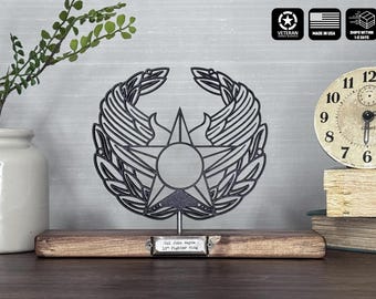 Air Force Command / Commanders wreath / badge / insignia - silhouette art on wooden stand with optional challenge coin holder base