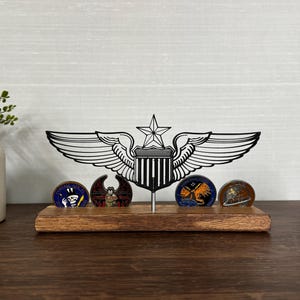 U.S Air Force Pilot Wings - Basic - Silhouette Art on wooden stand with optional challenge coin holder base