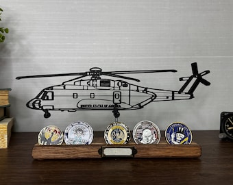 VH-92A Patriot - Marine One helicopter - 3D printed silhouette Art on wooden stand - optional challenge coin holder base