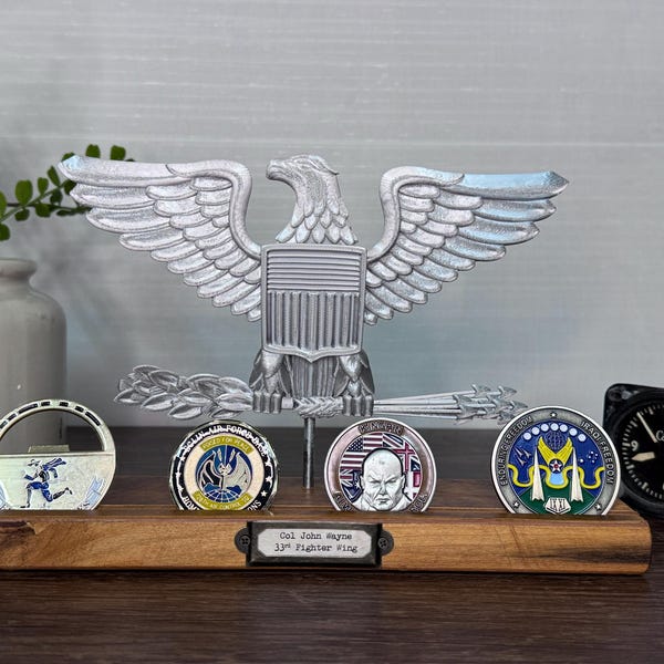 Colonel (O-6) Air Force / Army / Navy (Capt) / Marines rank - 3D printed Art - wooden stand - optional challenge coin base