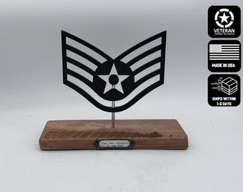 SSgt - Staff Sergeant (E-5) Air Force rank silhouette Art on wooden stand - optional coin holder base