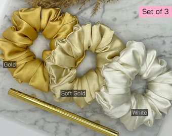 Gold Scrunchie Hair Tie, Bridesmaid Soft Elastic Satin Silk Scrunchies, Homemade Scrunchies, Gift For Her | Bachelorette Party Gifts