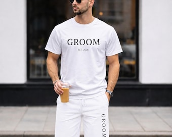 Personalized Groom T-Shirt and Short Set, Wedding Outfit, Groom Outfit, Groom Gift Set, All White Groom