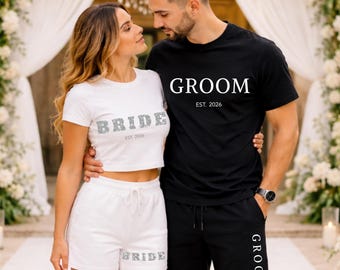 Bride and Groom Matching Shirt and Shorts Set, Honeymoon Outfit, Wedding Gift for Couple