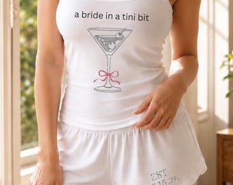A Bride In A Tini Bit Glitter Tank Top & Shorts Set, Future Mrs Outfit, Espresso Martini Bride Shirt, Bridal Shower Gift, Bride Pajama Set