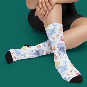 Whimsical Sea Creature Crew Socks Fun Nautical Socks Cute Gift for Ocean Lovers Beach Party Accessories Cozy Socks for Teens and Adults Gift