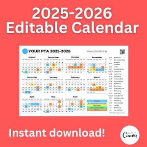 Editable 2025-2026 Calendar, Back to School, Teacher Calendar, PTA Calendar, 11 Month Calendar, Blank, Digital Download, PDF
