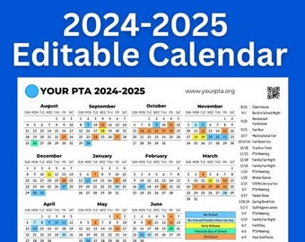 Editable 2024-2025 Calendar, Back to School, Teacher Calendar, PTA Calendar, 12 Month Calendar, Blank, Digital Download, PDF