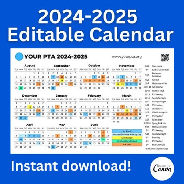 Editable 2024-2025 Calendar, Back to School, Teacher Calendar, PTA Calendar, 12 Month Calendar, Blank, Digital Download, PDF