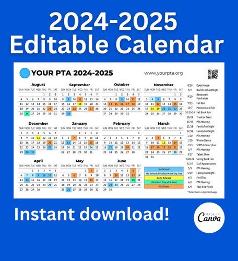 Editable 20242025 Calendar, Back to School, Teacher Calendar, PTA