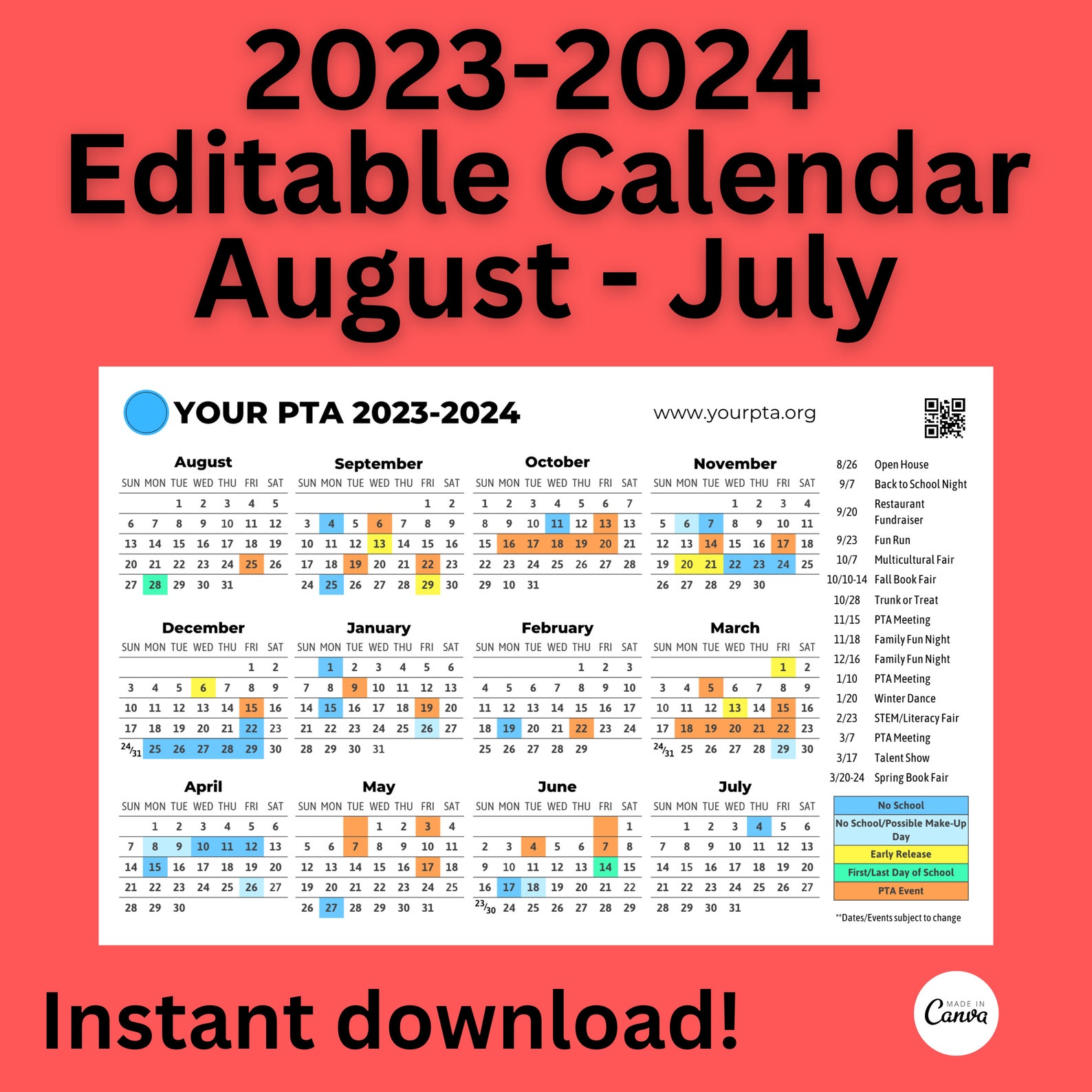 Calendrier Scolaire 2023 2024 Modifiable Calendrier 2023-2024 modifiable Rentrée scolaire Calendrier - Etsy France