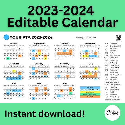 Editable 20232024 Calendar Back to School Teacher Calendar Etsy