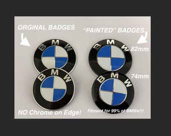 BMW &quot;Painted&quot; Roundel Set Fitment For Nearly All BMWs - Hood / Trunk Emblems  Glossy Black Edges No Chrome