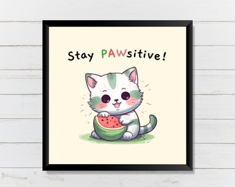 Impresión de pared de gato de sandía / arte de cita positiva / cartel imprimible / descarga digital instantánea / Kitty / Kawaii Cute Animal Lover Pet Gift