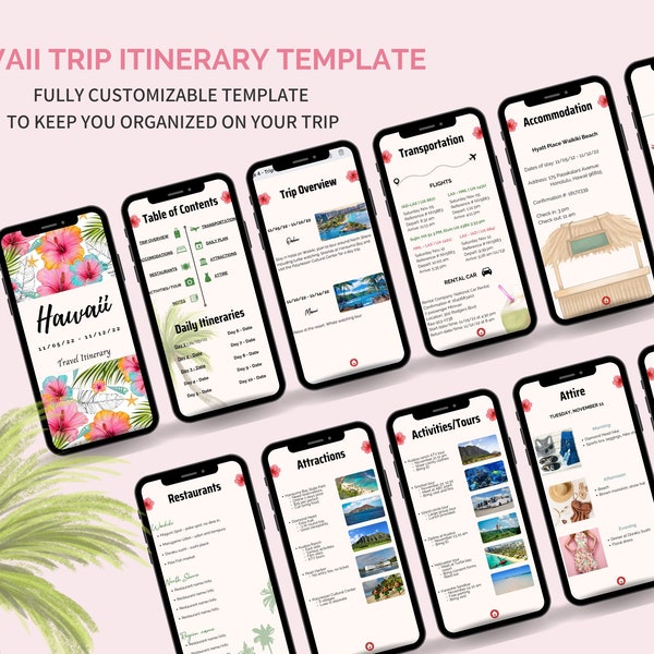 Modèle de planificateur d'itinéraire de voyage mobile à Hawaï, planificateur de vacances numérique à Hawaï, modèle d'itinéraire de voyage, planificateur de voyage personnalisable