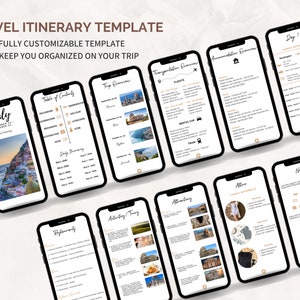 May include: A digital travel itinerary template for planning a trip to Italy. The template includes sections for transportation, accommodation, attractions, activities, and a daily itinerary. The template is fully customizable and includes a table of contents.