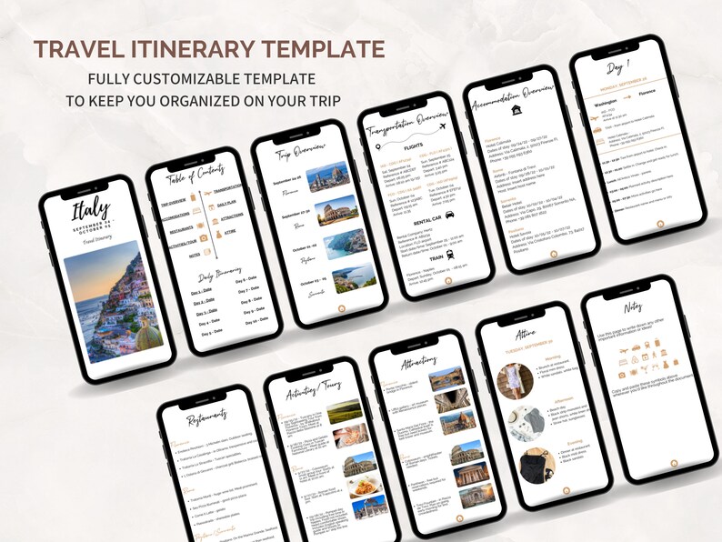 May include: A digital travel itinerary template for planning a trip to Italy. The template includes sections for transportation, accommodation, attractions, activities, and a daily itinerary. The template is fully customizable and includes a table of contents.