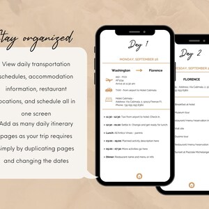 May include: A screenshot of a mobile app with a light brown background. The app is designed to help users plan and organize their trips. The app has two pages, one for Day 1 and one for Day 2. The app includes information about transportation, accommodation, restaurants, and activities. The app also includes a feature to add as many daily itinerary pages as needed.
