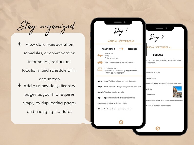 May include: A screenshot of a mobile app with a light brown background. The app is designed to help users plan and organize their trips. The app has two pages, one for Day 1 and one for Day 2. The app includes information about transportation, accommodation, restaurants, and activities. The app also includes a feature to add as many daily itinerary pages as needed.