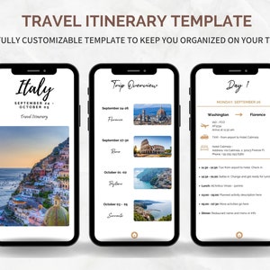 May include: A mobile phone screen displaying a travel itinerary template for a trip to Italy from September 24th to October 05th. The itinerary includes a trip overview with dates and locations, and a daily itinerary for the first day, Monday, September 28th, which includes travel from Washington to Florence.