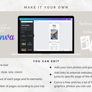 May include: A laptop screen displaying a Canva design template with the text "Make it your own" and "Fully customize on Canva". The template is for a travel itinerary with a photo of a coastal town in Italy. The laptop is on a light gray background with the text "You can edit" and a list of editable features. The text "Instructions Included!" is displayed above two pages of instructions.