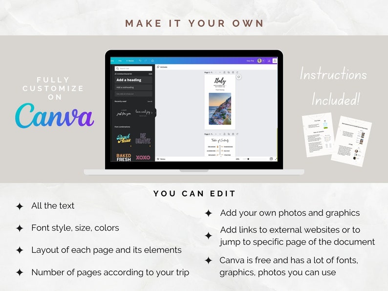 May include: A laptop screen displaying a Canva design template with the text "Make it your own" and "Fully customize on Canva". The template is for a travel itinerary with a photo of a coastal town in Italy. The laptop is on a light gray background with the text "You can edit" and a list of editable features. The text "Instructions Included!" is displayed above two pages of instructions.