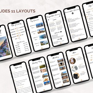 May include: A digital planner for a trip to Italy, with 11 different layouts. The planner includes sections for trip overview, transportation, accommodation, daily itinerary, restaurants, activities, attractions, and notes.