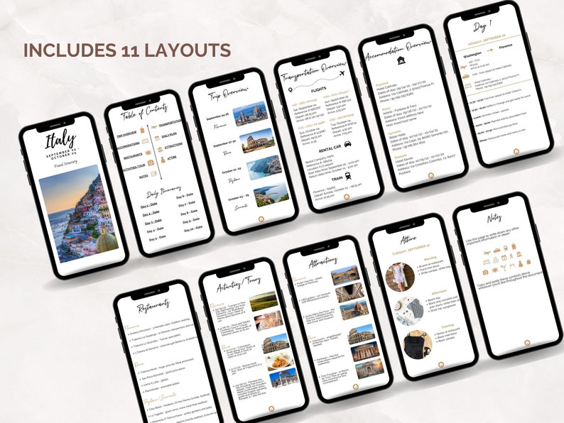May include: A digital planner for a trip to Italy, with 11 different layouts. The planner includes sections for trip overview, transportation, accommodation, daily itinerary, restaurants, activities, attractions, and notes.