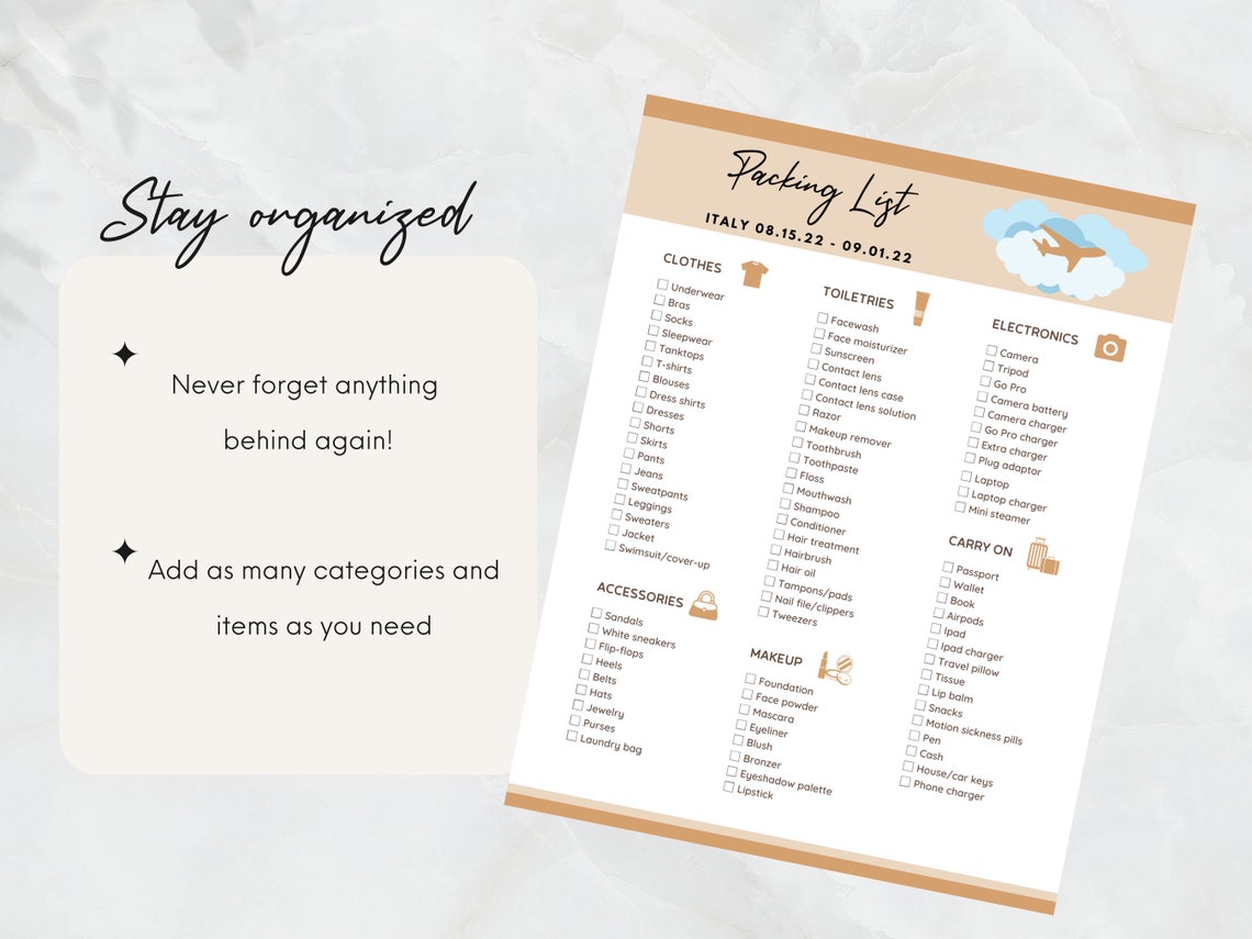 Travel Packing List Template, Printable Editable Travel Packing List
