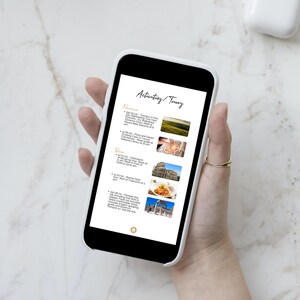 May include: A smartphone screen displaying a list of Italian cities and their attractions, including Florence, Rome, and Venice. The list includes bullet points with descriptions of each city and images of landmarks and food.