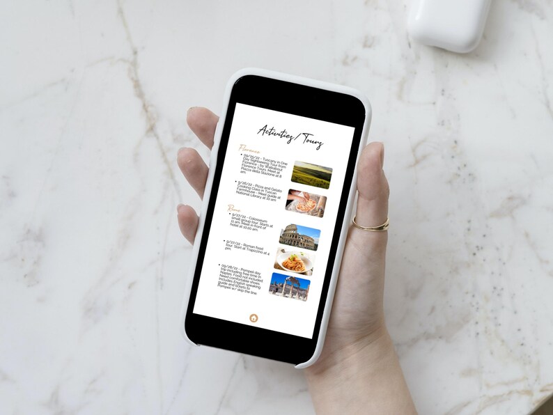 May include: A smartphone screen displaying a list of Italian cities and their attractions, including Florence, Rome, and Venice. The list includes bullet points with descriptions of each city and images of landmarks and food.