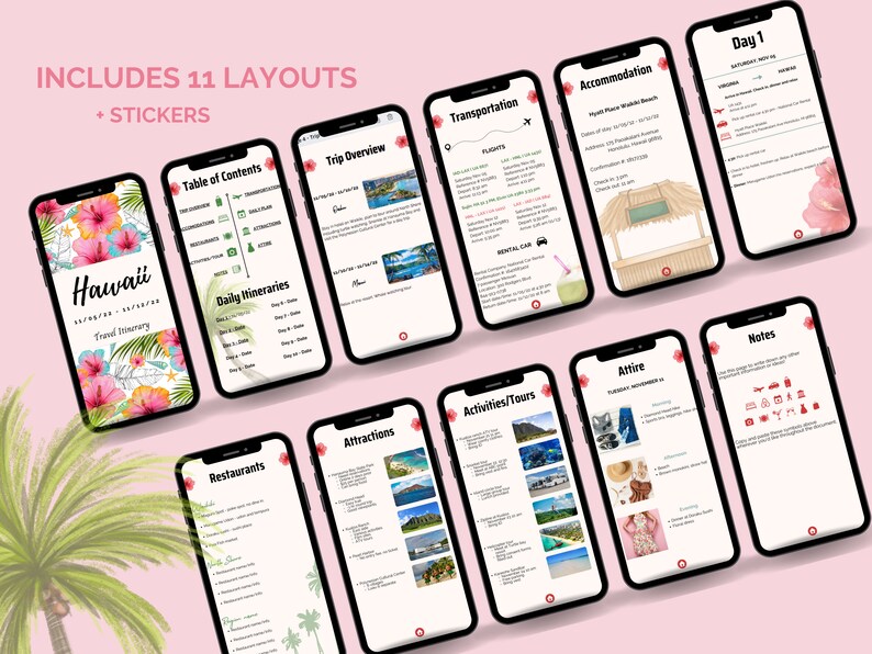 Op de afbeelding: Een digitale plannertemplate voor een reis naar Hawa&iuml;. De template bevat 11 lay-outs met stickers. De lay-outs omvatten een inhoudsopgave, een reisoverzicht, dagelijkse reisschema's, vervoer, accommodatie, attracties, activiteiten en tours, kleding, restaurants en notities.