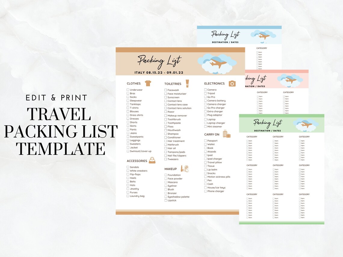 Travel Packing List Template, Printable Editable Travel Packing List