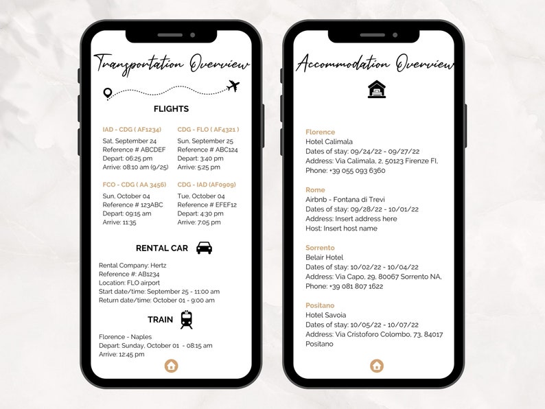 May include: A mobile phone screen displaying a travel itinerary with transportation and accommodation details. The top section shows flight information with departure and arrival times, dates, and references. The middle section shows rental car information with the rental company, reference number, location, and start and return dates and times. The bottom section shows train information with departure and arrival times, dates, and destinations. The right side of the screen shows accommodation information with hotel names, dates of stay, addresses, and phone numbers.