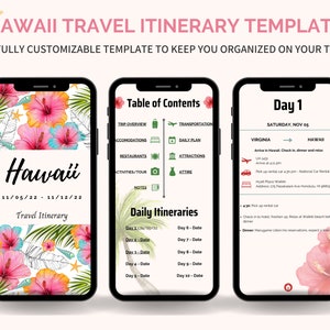 May include: A digital phone screen mockup showing a Hawaii travel itinerary template. The template includes a table of contents with categories like trip overview, accommodations, restaurants, activities, transportation, daily plan, attractions, and attire. The template also includes a daily itinerary section with dates and a list of activities for each day. The template is designed to help travelers plan and organize their trip to Hawaii.