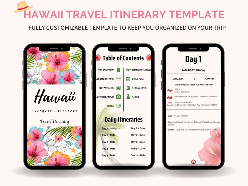 Op de afbeelding: Een digitaal telefoonscherm met een Hawaii-reisroutetemplate met een inhoudsopgave, dagelijkse routes en een route voor dag 1 met details voor een reis naar Hawaii. De sjabloon heeft een bloemmotief met roze hibiscusbloemen en groene bladeren.