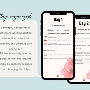 Op de afbeelding: Een screenshot van een mobiele app die een dagelijkse routebeschrijving voor een reis naar Hawa&iuml; toont. De app bevat informatie over vervoer, accommodatie, restaurants en activiteiten. De routebeschrijving omvat de aankomsttijd van de vlucht, het ophalen van de huurauto, het inchecken in het hotel en de dinerplannen. De app bevat ook een kaart van het gebied.