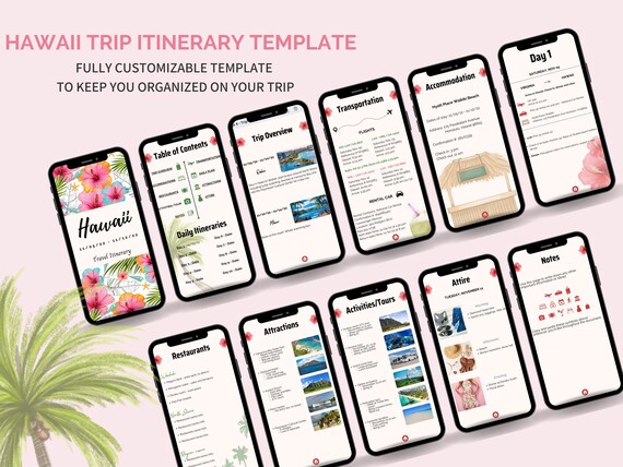 Mobile Hawaii Travel Itinerary Planner Template, Digital Hawaii Vacation Planner, Trip Itinerary Template, Customizable Travel Planner