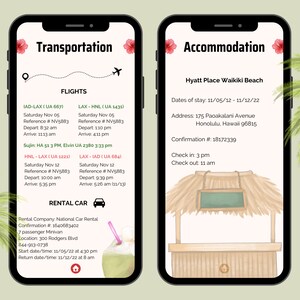 Op de afbeelding: Het scherm van een mobiele telefoon met een reisroute met vluchtgegevens, huurauto-informatie en hotelverblijf. De route omvat vluchten van IAD naar LAX, van LAX naar HNL, van HNL naar LAX en van LAX naar IAD. De huurauto-informatie omvat het bedrijf, het bevestigingsnummer, het type voertuig en de locatie. De hotelaccommodatie omvat de naam, de data van verblijf, het adres, het bevestigingsnummer en de in- en uitchecktijden.