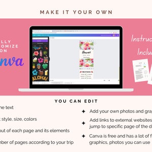 Op de afbeelding: Een laptopscherm waarop een Canva-ontwerptemplate voor een reisroute naar Hawa&iuml; wordt weergegeven. De template heeft een roze bloemenontwerp met het woord "Hawa&iuml;" in wit lettertype. Het scherm toont ook een inhoudsopgave en een lijst met activiteiten. De laptop staat op een roze achtergrond met de tekst "VOLLEDIG AANPASSEN OP Canva" en "U KUNT BEWERKEN" in zwart lettertype. De tekst "Instructies inbegrepen!" is ook zichtbaar in zwart lettertype op een witte achtergrond.