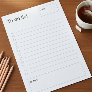 May include: A white "To do list" notepad with checkboxes, lines, and sections for "Date:" and "Notes:" sits on a wooden surface. A cup of tea with a tea bag and several pencils are also present.