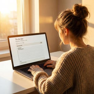 Könnte beinhalten: Eine Person arbeitet an einem Laptop, auf dessen Bildschirm "To do list" steht. Der Bildschirm zeigt eine Liste mit Kontrollkästchen. Die Person trägt einen beigen Pullover und sitzt an einem weißen Schreibtisch in der Nähe eines Fensters.