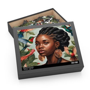 Art femme noire | Puzzles afro-américains | Casse-tête femme noire | Puzzle | Cadeaux | Art noir | Art IA | Colibris | Art afro