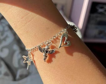 silver dangle charm bracelet (angel, ribbon, star, heart charms)