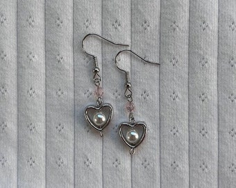 pink heart pearl dangle earrings