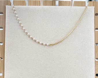 Half 22k Gold Filled Dainty Cuban Chain, Half Pearl Chain Necklace