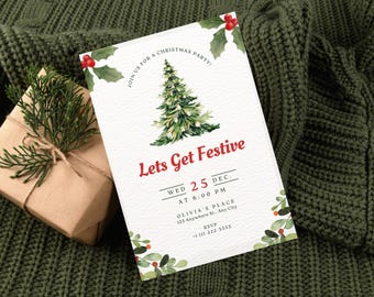 May include: A white Christmas party invitation with a watercolour illustration of a green Christmas tree with white lights. The text reads "Join us for a Christmas party! Lets Get Festive Wed 25 Dec. at 6:00 PM Olivia's Place 123 Anywhere St., Any City RSVP -1111-222-3333"