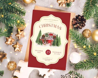 Camper Christmas Party Invite | Editable Christmas Digital Template, Printable Holiday Party, Winter Dinner Party Invite, Work Holiday Party