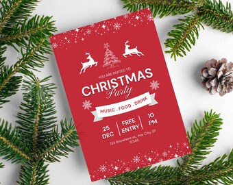 Tree & Reindeer Christmas Party Invite | Editable Digital Template, Printable Holiday Party, Winter Dinner Party Invite, Work Holiday Party