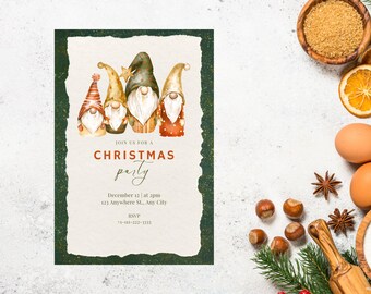 May include: A Christmas party invitation with a green background and a torn paper effect. The invitation features a watercolor illustration of four gnomes with red, orange, and brown hats. The text on the invitation reads "Join us for a Christmas party" with the date and time of the party listed below.